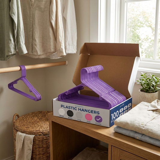 100 Pack Non-Slip Space-Saving Plastic Hangers, Sturdy, Purple