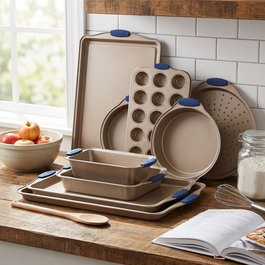 10-Piece Nonstick Bakeware Set - Easy Clean Carbon Steel, Blue Handles