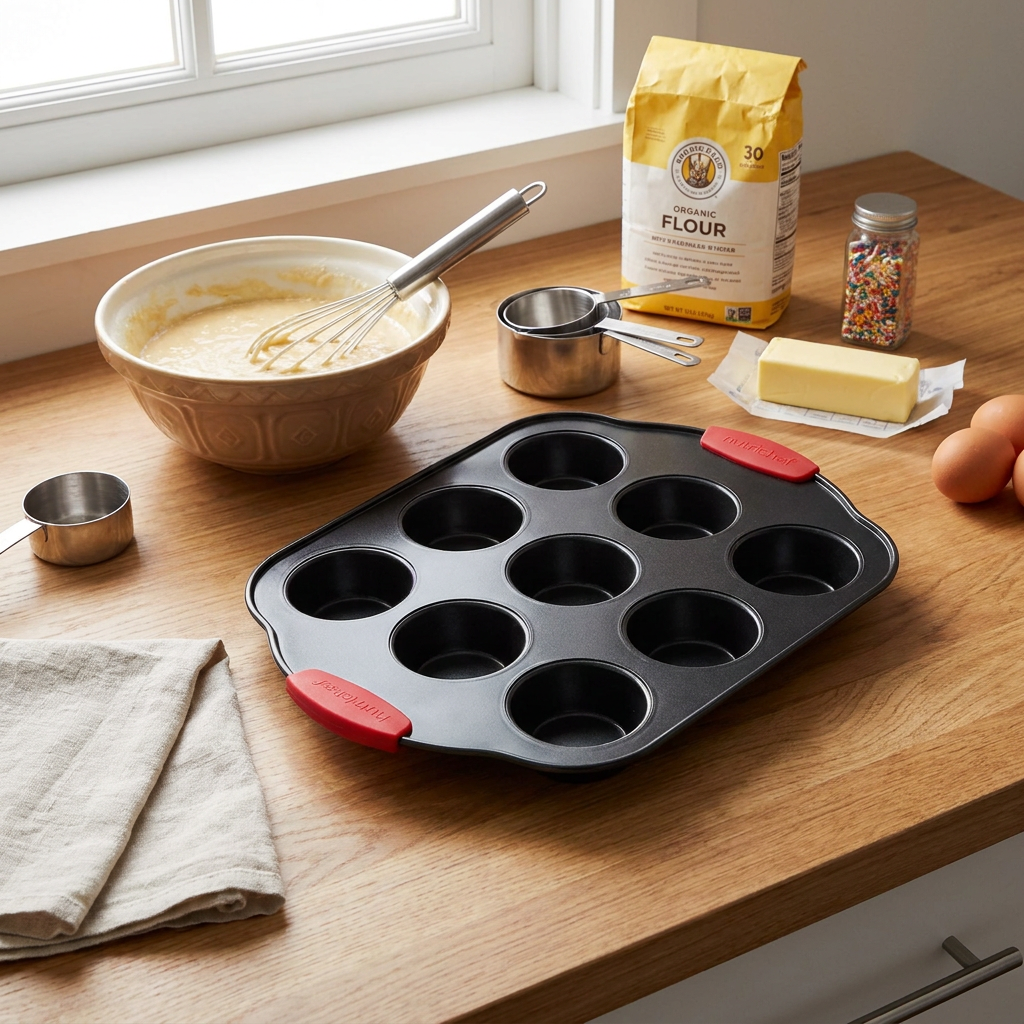12 Cup Muffin Pan, Nonstick Carbon Steel, Red Silicone Handles