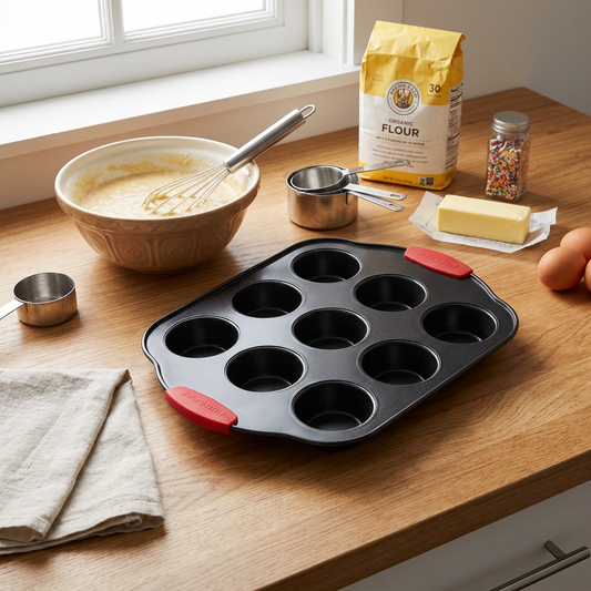12 Cup Muffin Pan, Nonstick Carbon Steel, Red Silicone Handles