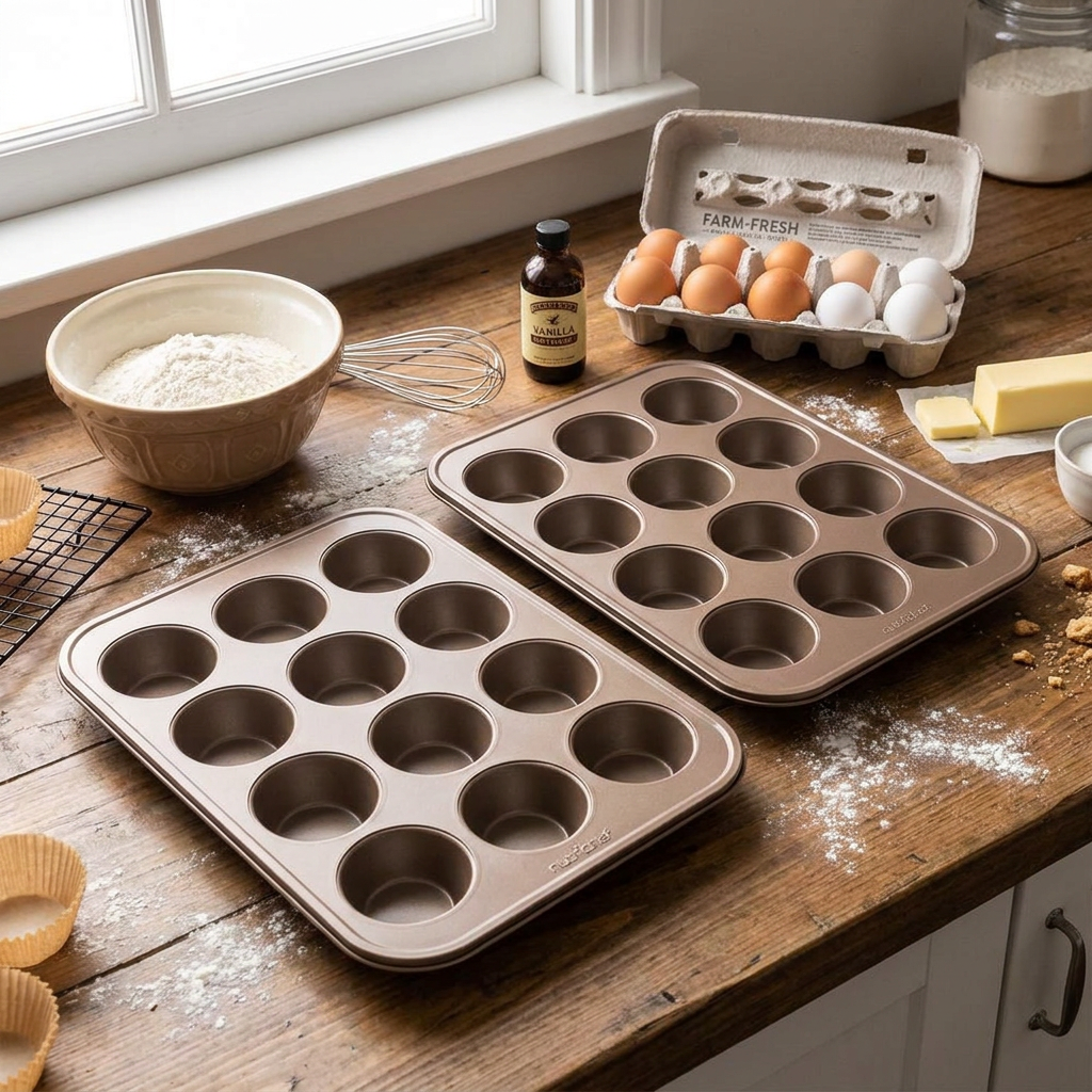 12 Cup Nonstick Muffin Pans, Easy Release Carbon Steel, Gold