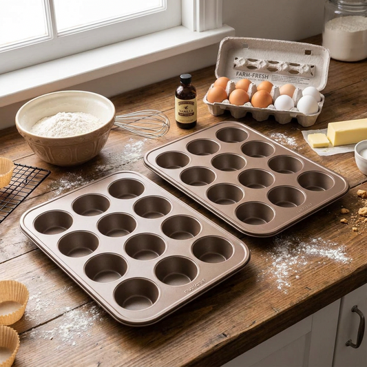 12 Cup Nonstick Muffin Pans, Easy Release Carbon Steel, Gold