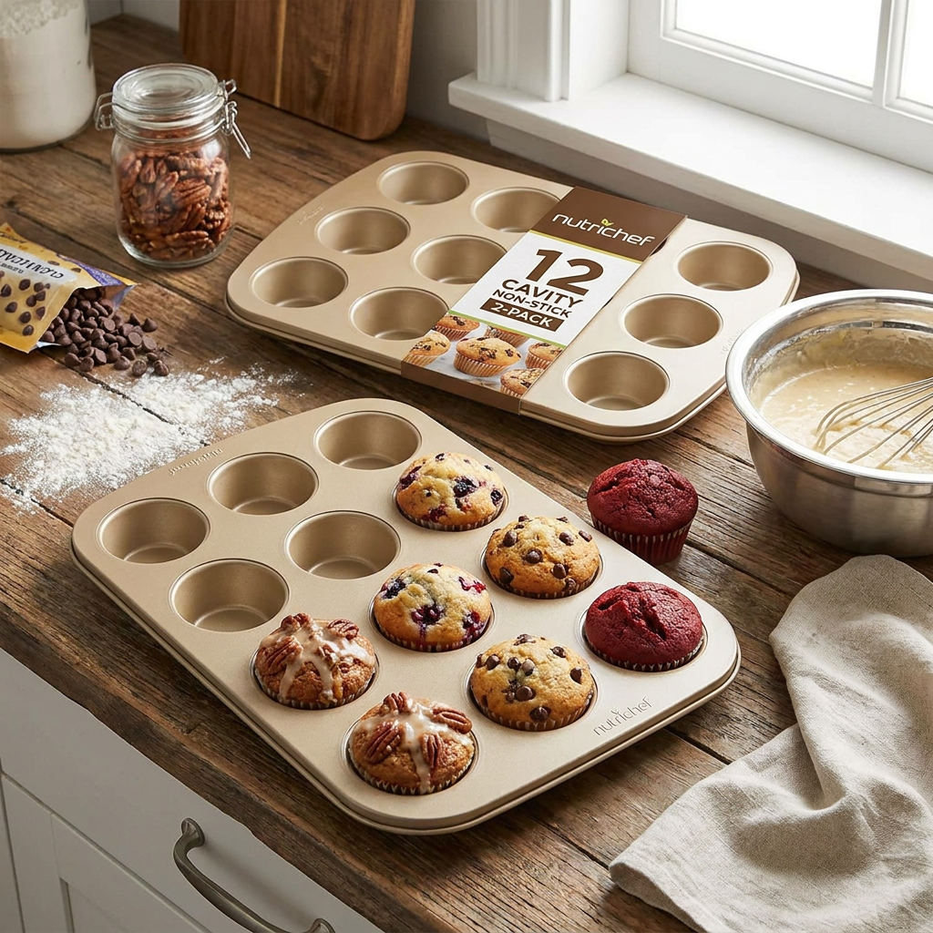 12 Cup Nonstick Muffin Pans, Easy Release Carbon Steel, Gold