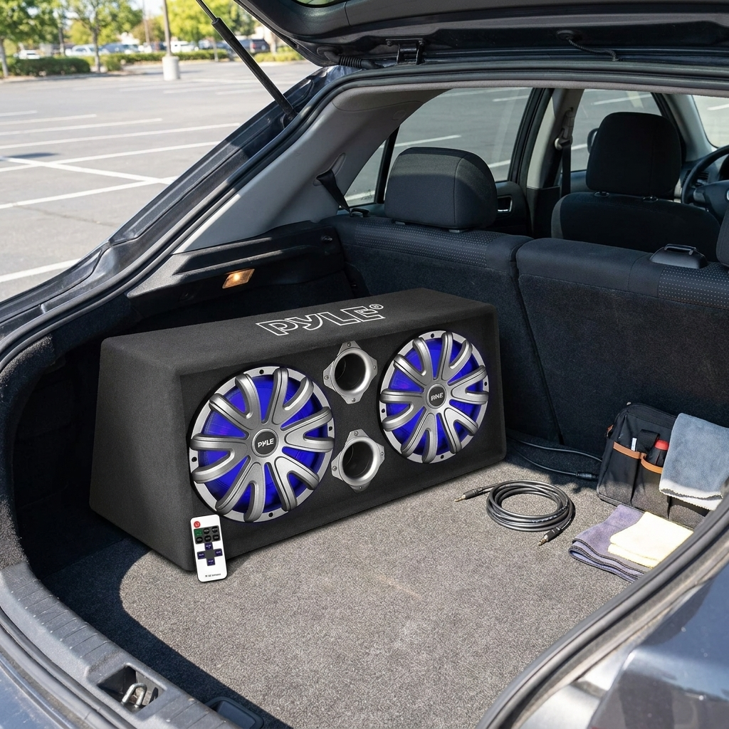 12" Dual Car Subwoofer Box, 600W, LED Lights, Silver Cone