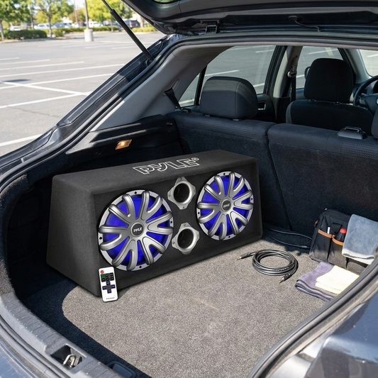 12" Dual Car Subwoofer Box, 600W, LED Lights, Silver Cone
