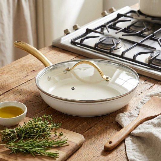 12" Non-Stick Frying Pan with Lid, Even Heat, Golden Titanium Handle