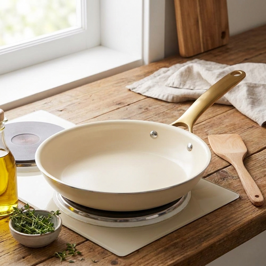 12" Non-Stick Frying Pan, Even Heat, Ceramic Coating, Golden Handle
