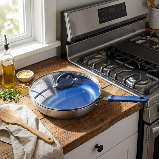 12" Nonstick Fry Pan with Lid - Even Heat Ceramic Coating, Blue Handle