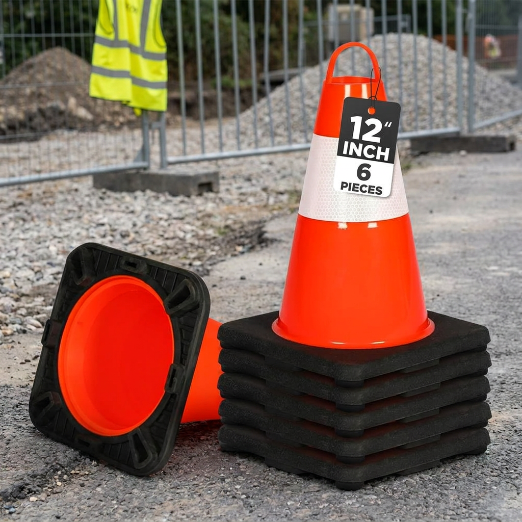 12" Safety Traffic Cones 6-Pack, High Visibility PVC, Orange