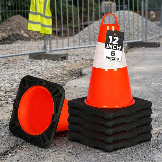12" Safety Traffic Cones 6-Pack, High Visibility PVC, Orange