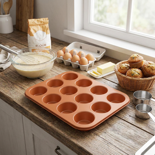 12-Cup Muffin Pan, Even Heating, Non-Stick Carbon Steel, Copper