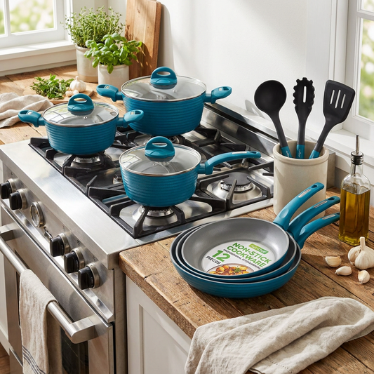 12-Piece Nonstick Cookware Set - Even Heat, Durable Coating, Green