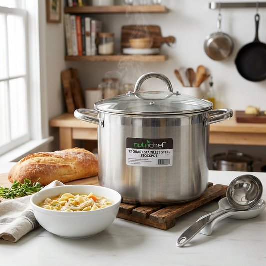 12-Quart Stock Pot, Even Heat, Stainless Steel, Tempered Glass Lid
