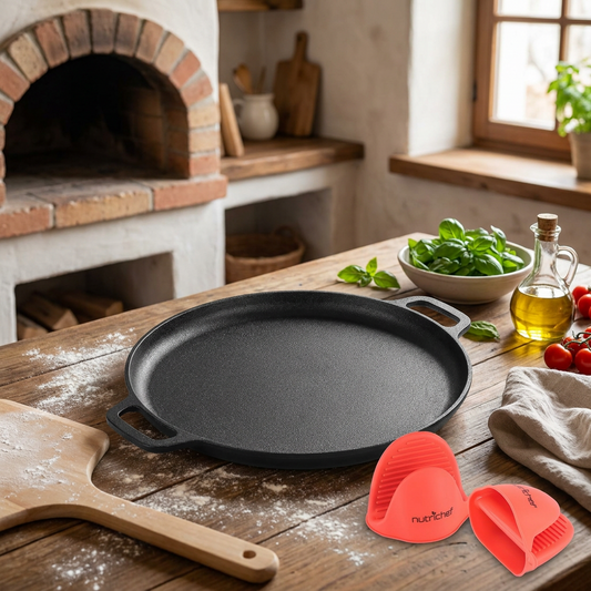13" Cast Iron Pizza Pan - Versatile Pre-Seasoned Griddle w/ Handles