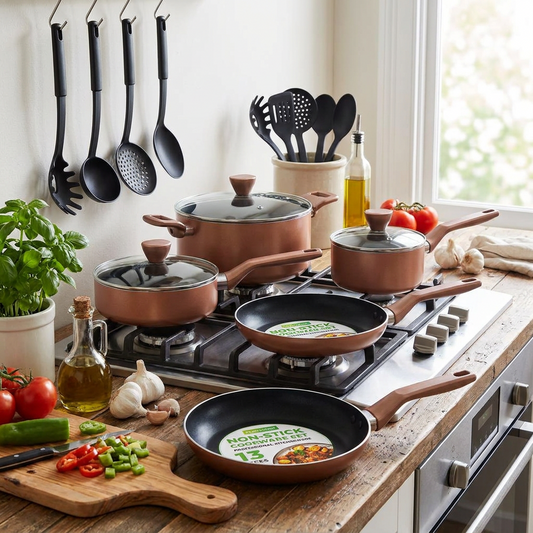 13-Piece Nonstick Cookware Set, Even Heat, Durable Coating, Brown