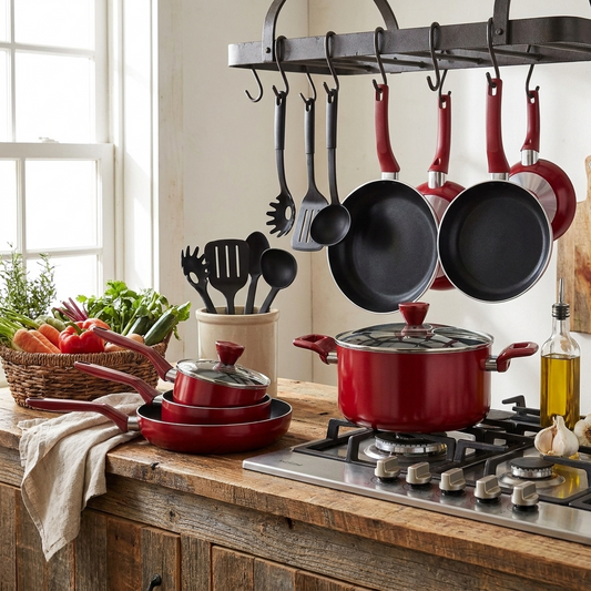 13-Piece Nonstick Cookware Set, Even Heat, Durable Coating, Red