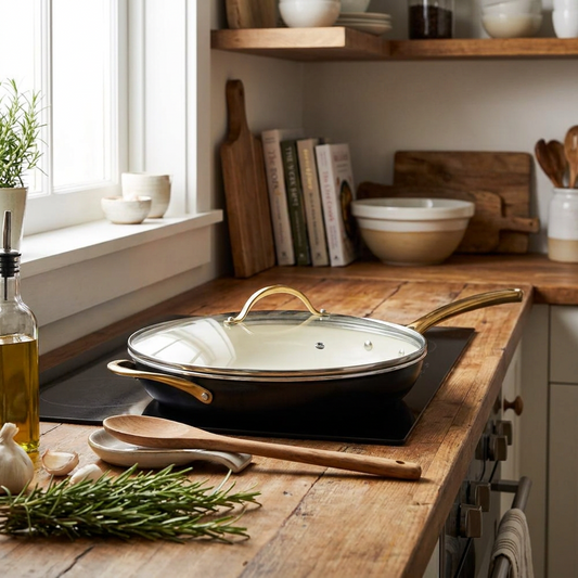 14" Non-Stick Fry Pan with Lid, Golden Titanium Handle, Easy Clean