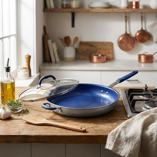 14" Nonstick Fry Pan with Lid - Easy Clean Ceramic, Blue Silicone Handle