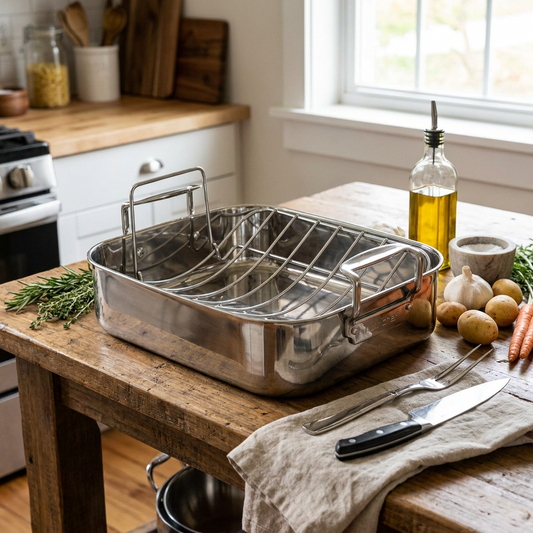 14" Stainless Steel Roasting Pan with Rack, Oven Safe, Easy Clean