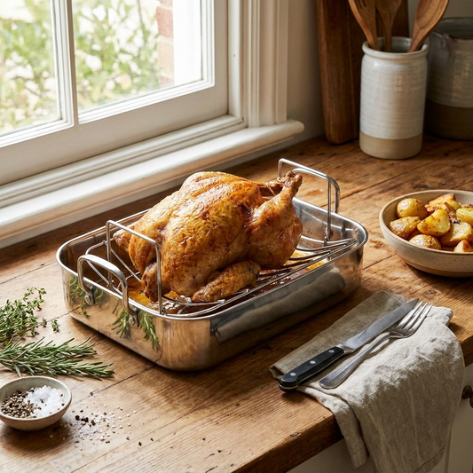 14" Stainless Steel Roasting Pan, Warp Resistant, Polished Rack